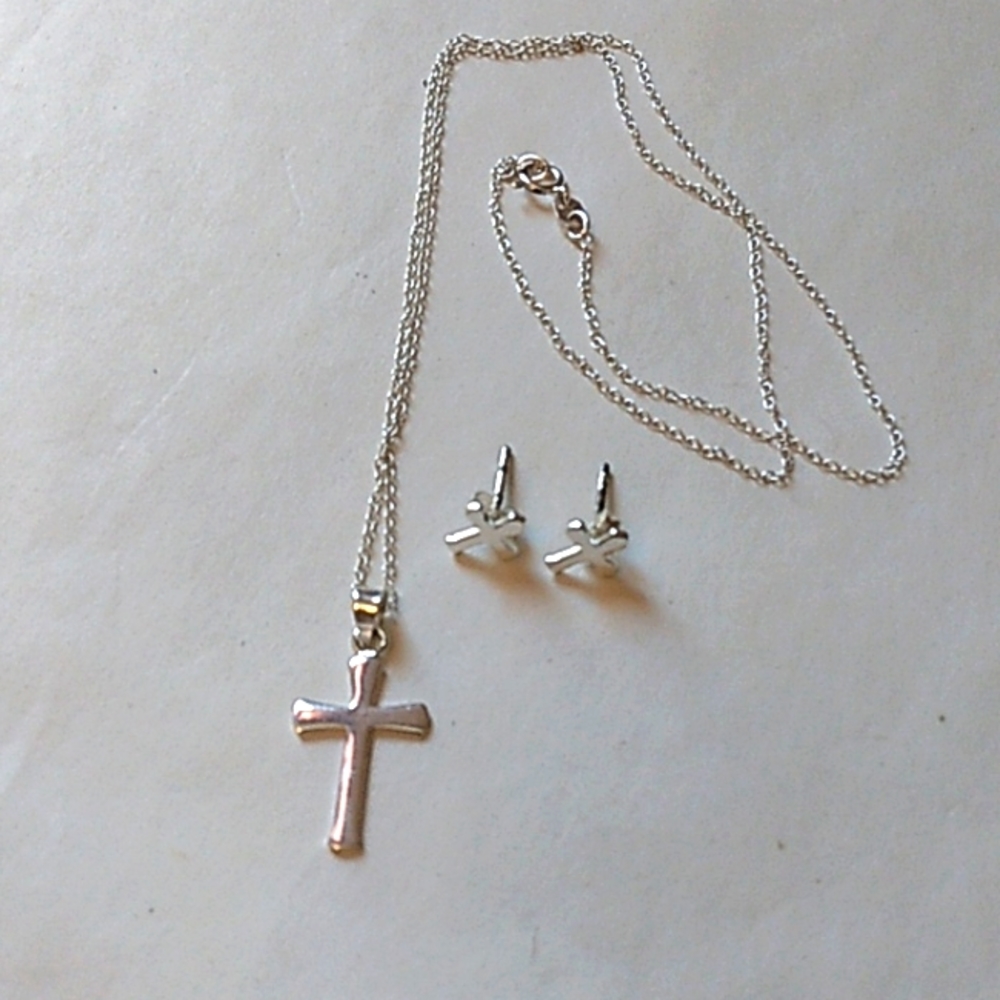 Silver cross necklace pendent and cross earrings
